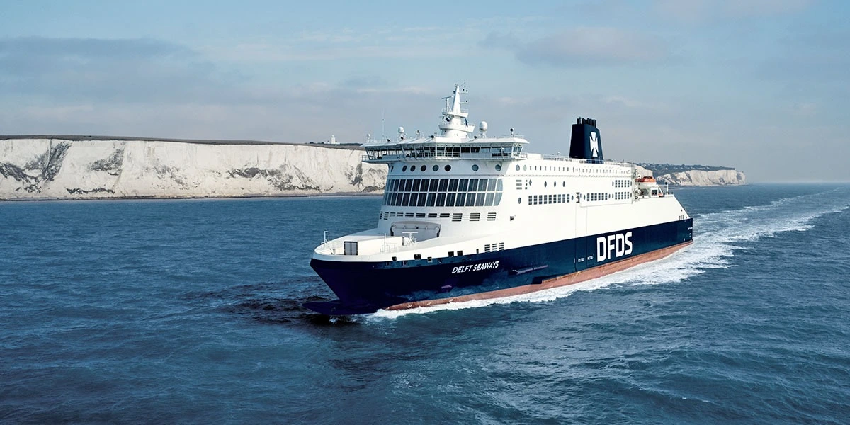 DFDS Ferry at Sea passing the White Cliffs of Dover